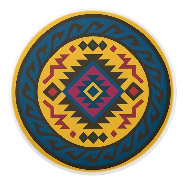Golden Blue Magenta Diamond Zapotec Keramik Knob Keramikknauf (Vorderseite)