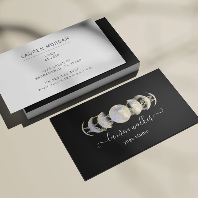 Golden Blue Moon Phases Yoga Studio Business Card Visitenkarte (Von Creator hochgeladen)