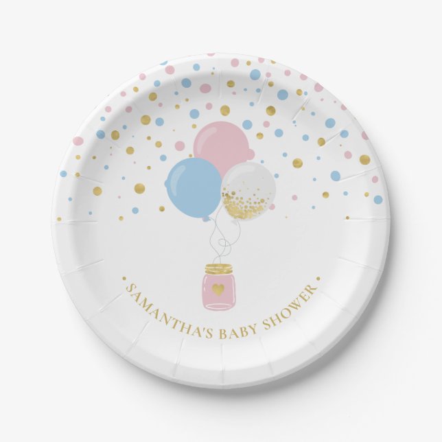 Golden, Blue & Pink Confetti Balloons 1. Geburtsta Pappteller (Vorderseite)