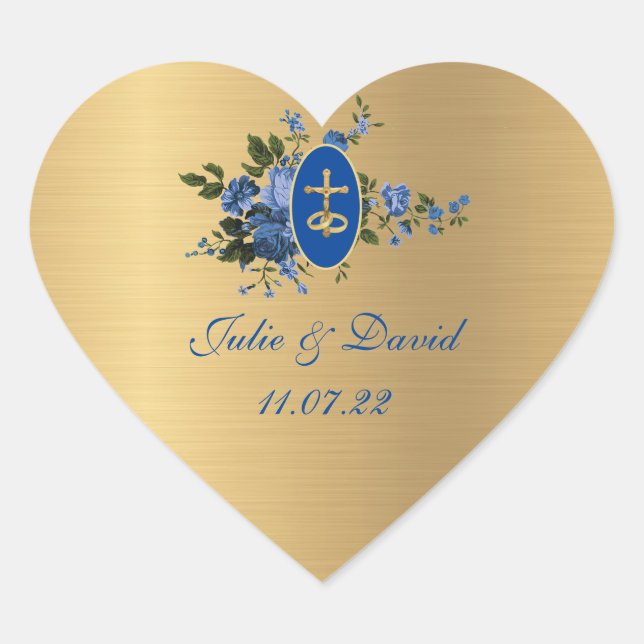 Golden Blue Wedding Floral Herz-Aufkleber (Vorderseite)