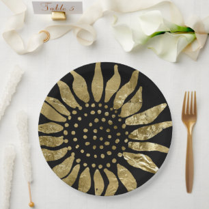 Golden Blüh Elegante Goldblume auf Schwarz Pappteller