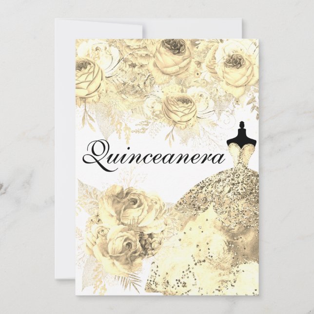 Golden Blume Elegantes Kleid Quinceanera Party Einladung (Vorderseite)