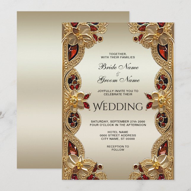 Golden Blume Red Gemstone Splendor Wedding Einladung (Vorne/Hinten)