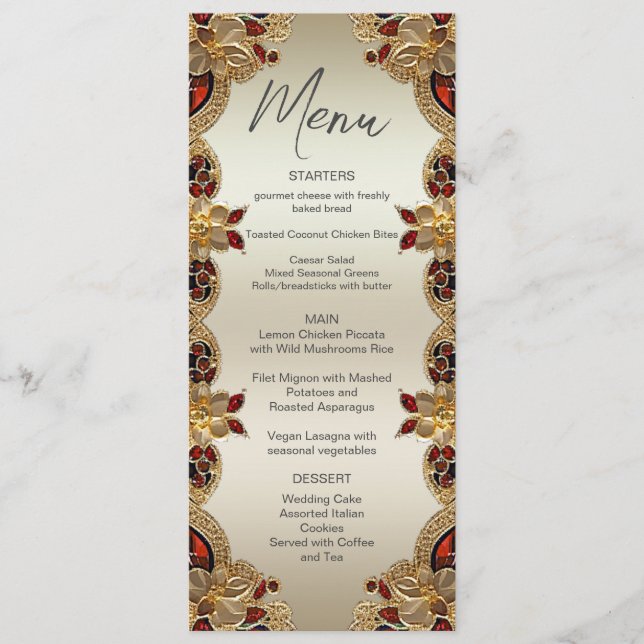 Golden Blume Red Gemstone Splendor Wedding Menu Menükarte (Vorderseite)