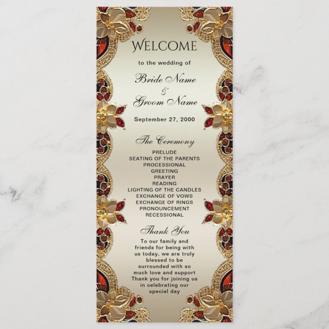 Golden Blume Red Gemstone Splendor Wedding Programm (Vorderseite)