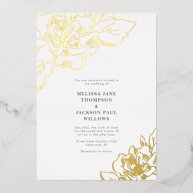 Golden Blumen elegantes Hochzeitsdesign Folieneinladung (Vorderseite)