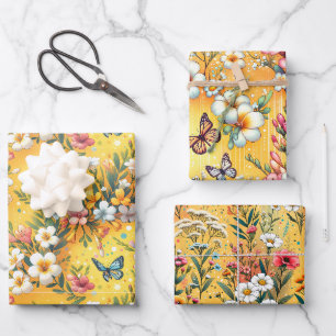 Golden Blumen Garten 3 Geschenkpapier Set