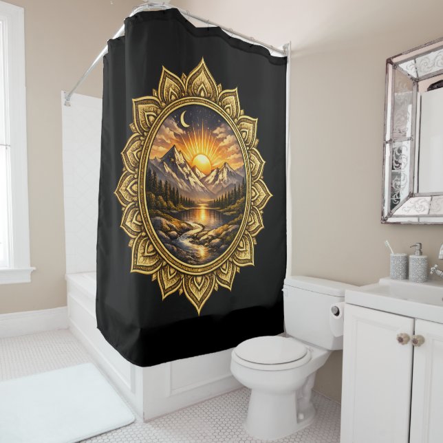 Golden Boho Mandala Mountain Sunset Art | Black Duschvorhang (Beispiel)