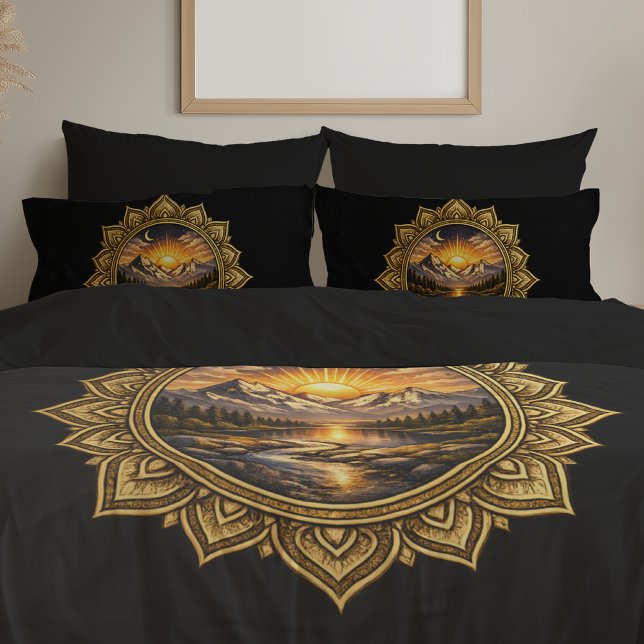 Golden Boho Mandala Mountain Sunset Art | Black Kissenbezug (Von Creator hochgeladen)