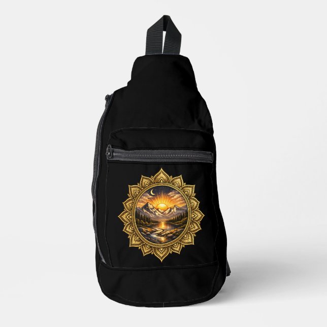Golden Boho Mandala Mountain Sunset Black Boho Sun Crossbody Bag (Vorderseite)