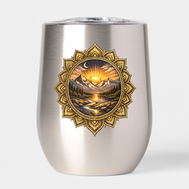Golden Boho Mandala Mountain Sunset | Boho Sun Art (Vorderseite)