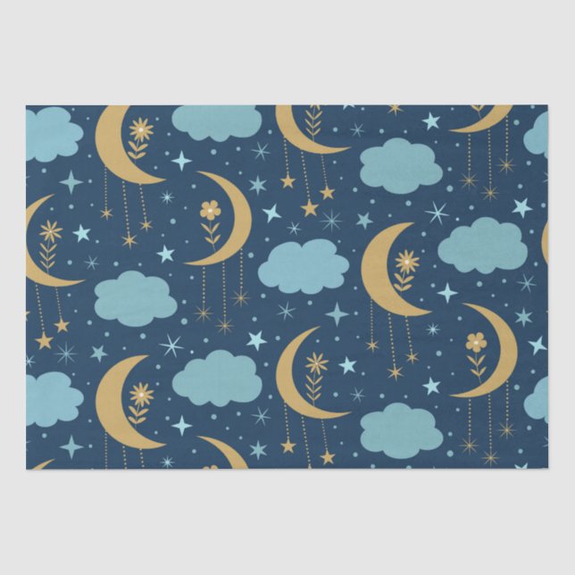 Golden Boho Moon mit blauen Wolken Seidenpapier (Vorderseite)