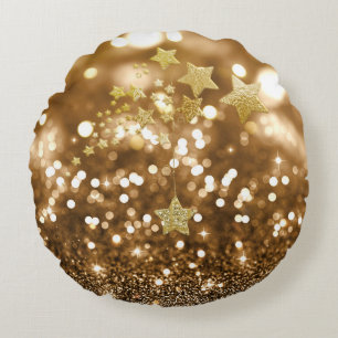 Golden Bokeh Imitats Glitzer & Stars Rundes Kissen