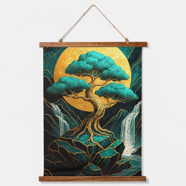 Golden Bonsai Moonlight  Teal Waterfall Wall Tape Wandteppich Mit Holzrahmen (Vorderseite)