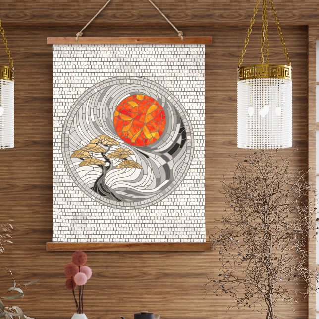 Golden Bonsai Sunrise Mosaic Wandteppich Mit Holzrahmen (Von Creator hochgeladen)