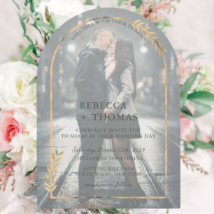 Golden Botanical Arch Imitate Vellum Foto Hochzeit Einladung