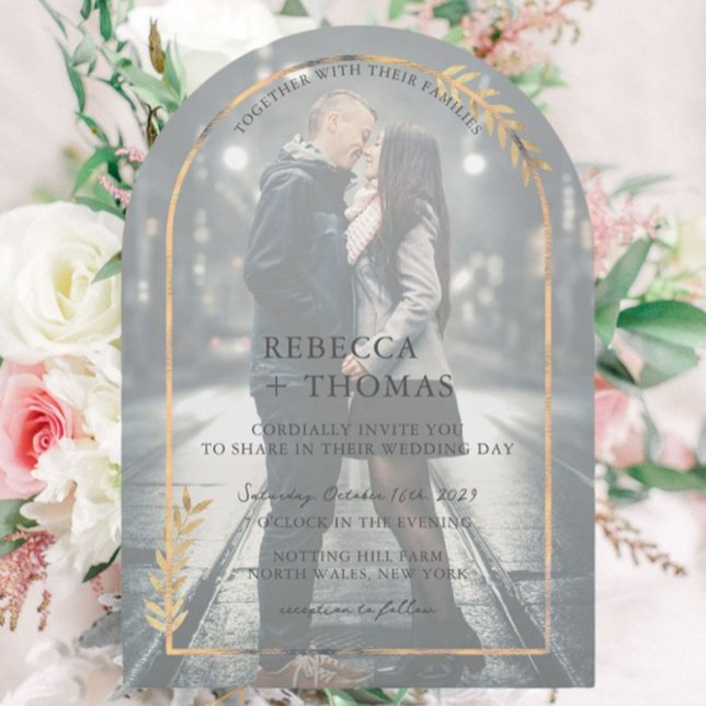 Golden Botanical Arch Imitate Vellum Foto Hochzeit Einladung (Von Creator hochgeladen)