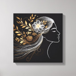 Golden Botanical Flowing Hair Line Portrait Leinwanddruck