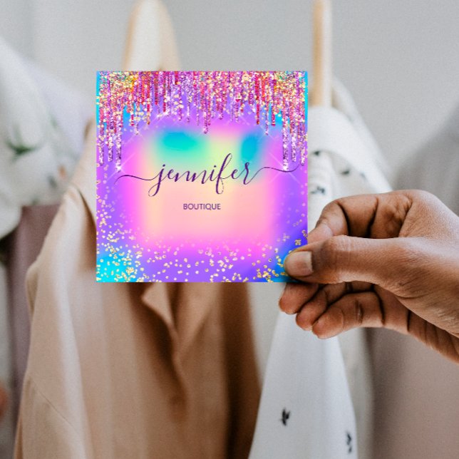 Golden Boutique Shop Glitzer Tropfen Holograph Quadratische Visitenkarte (Golden Boutique Shop Glitter Drips Holograph Square Business Card)