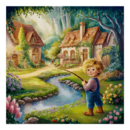 Golden Boy by Stream Painting Glossy Poster