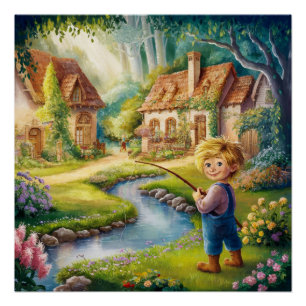 Golden Boy by Stream Painting Glossy Poster