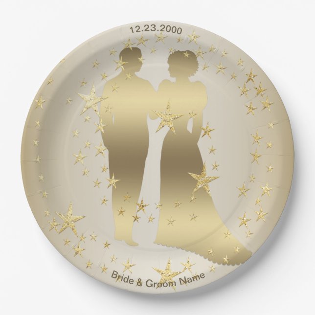 Golden Bride And Groom Wedding Party Pappteller (Vorderseite)