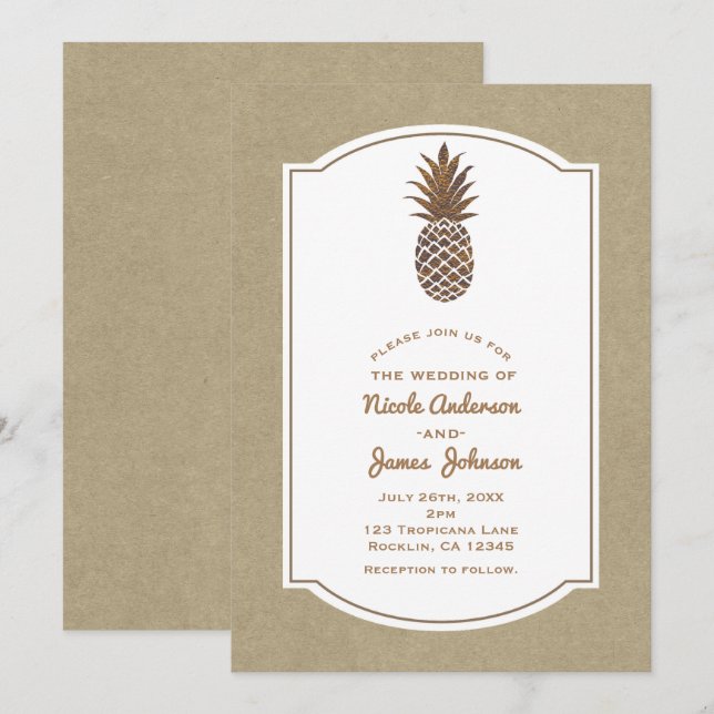 Golden Bronze Ananas Kraft Natural Tropical Einladung (Vorne/Hinten)