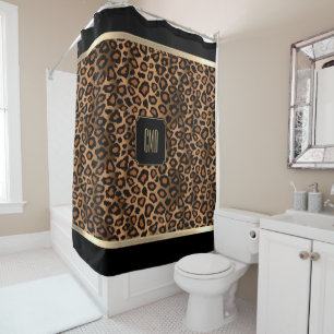 Golden Brown & Black Leopard Pattern - Monogramm Duschvorhang