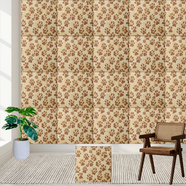 Golden Brown Paw Print Pattern Tile Fliese (Golden Brown Paw Print Pattern Tile)