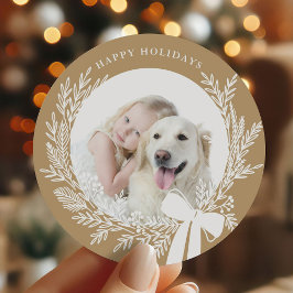 Golden Brown & White Christmas Wreath Foto Runder Aufkleber
