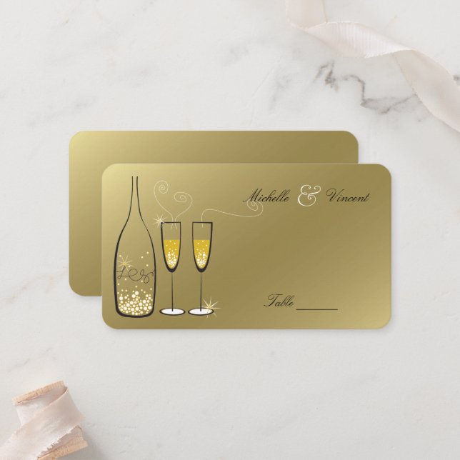 Golden Bubbly Champagne Bubbles Chic Wedding Party Platzkarte (Vorderseite/Rückseite Beispiel)