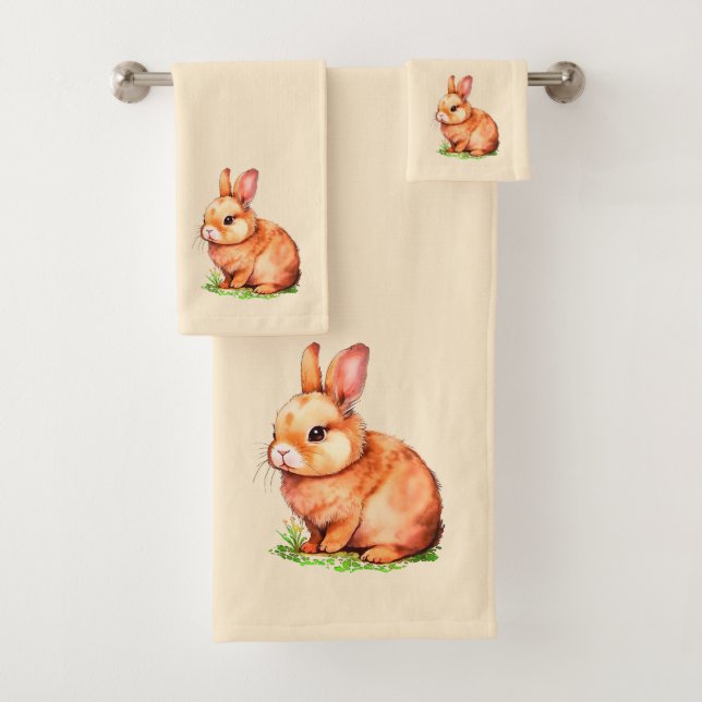 Golden Bunny on Light Champagne Beige Badhandtuch Set (Insitu)
