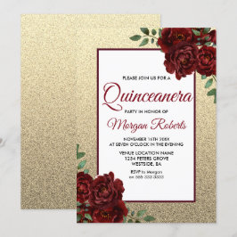 Golden Burgund Rote Rose Quinceanera Einladung