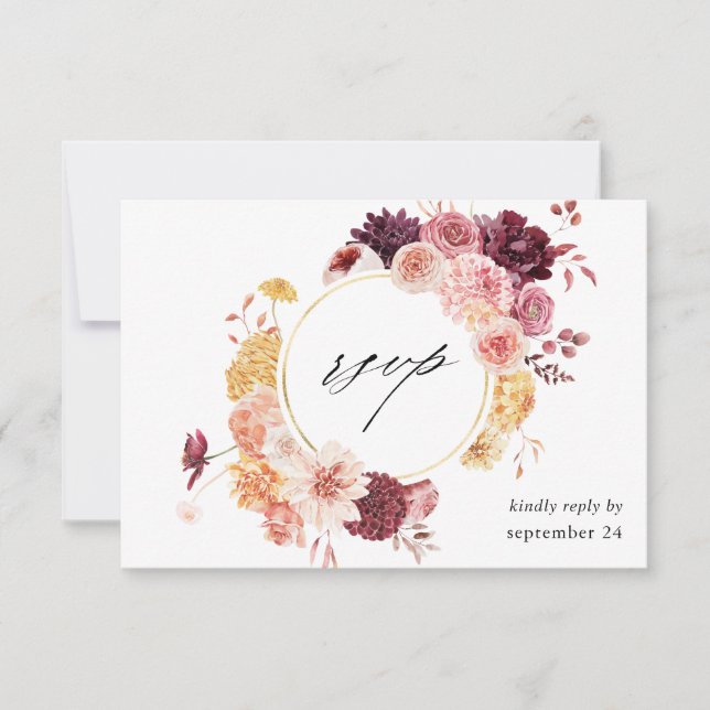 Golden Burgundy Blush Pink Floral w Meal RSVP Kart (Vorderseite)