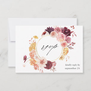 Golden Burgundy Blush Pink Floral w Meal RSVP Kart