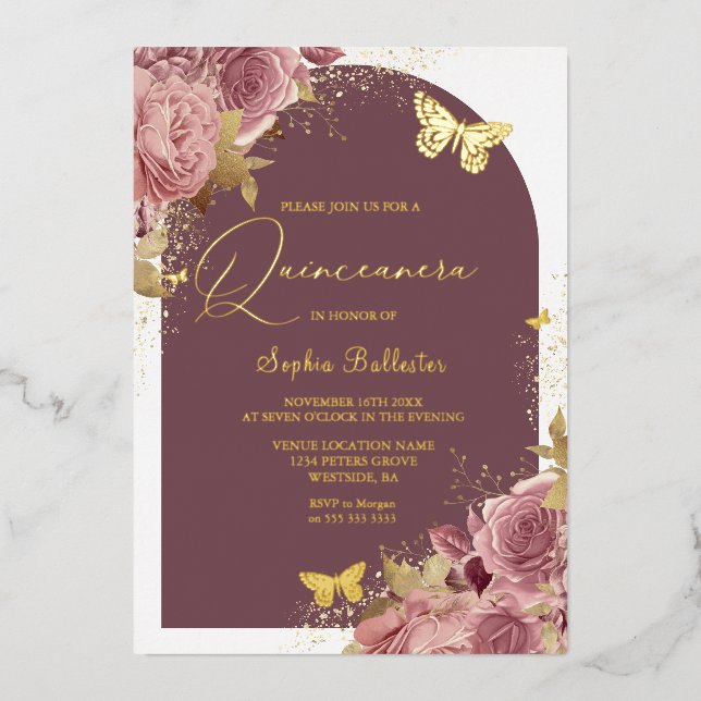 Golden Butterfells Blush Floral Quinceanera Gold Folieneinladung (Vorderseite)