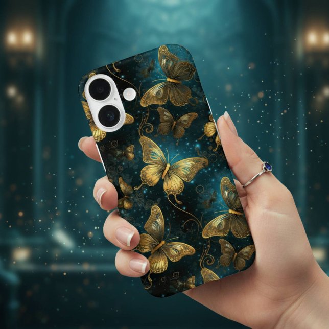 Golden Butterflies Barely There iPhone 16 Case (Flutter into elegance. Stunning golden butterflies iPhone 16 case.)