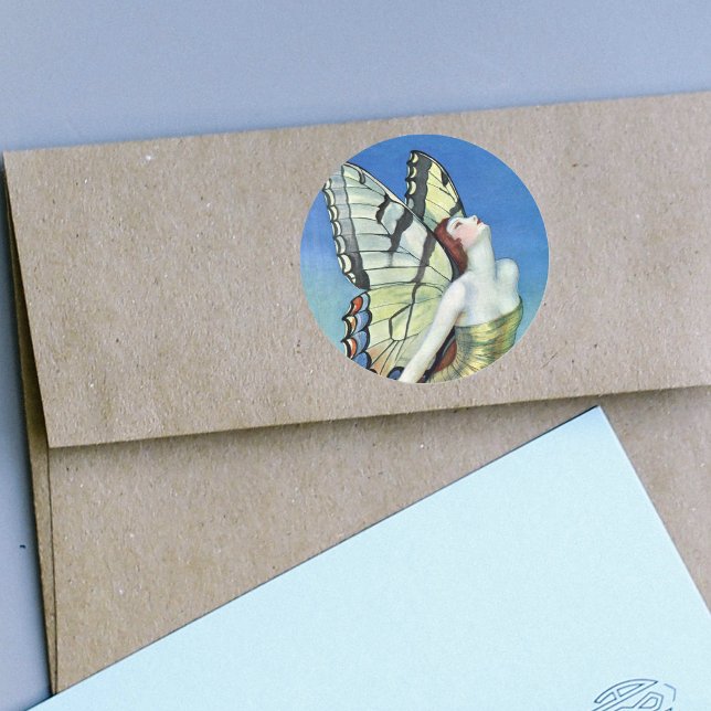 Golden Butterfly Fairy Stickers (Pretty monarch butterfly fairy red hair golden dress in blue sky on stickers.)