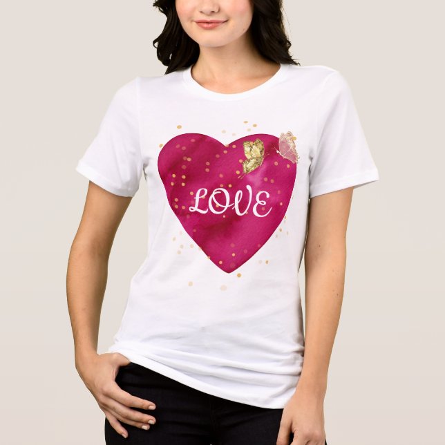 Golden Butterfly Pink Heart Valentine T-Shirt Tri-Blend Shirt (Vorderseite)