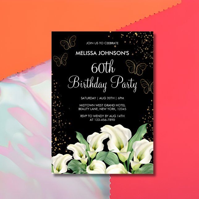 Golden Butterfly White Calla Lily Black Birthday Einladung (Von Creator hochgeladen)