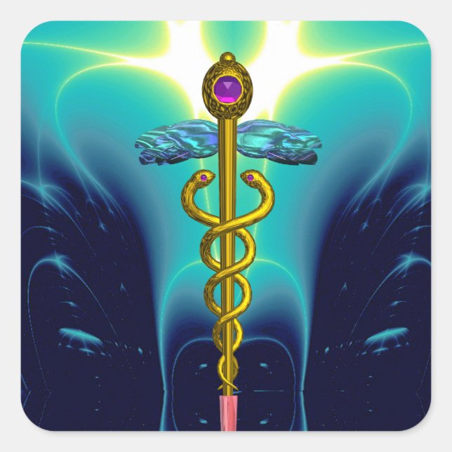 GOLDEN CADUCEUS Medizinisches Symbol Lebendes Aqua Quadratischer Aufkleber (Vorderseite)