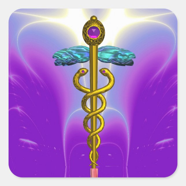 GOLDEN CADUCEUS Medizinisches Symbol Lebendig Lila Quadratischer Aufkleber (Vorderseite)