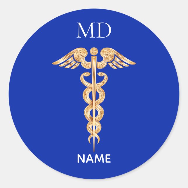 Golden Caduceus Symbol & Medical Doctor Monogram Runder Aufkleber (Vorderseite)