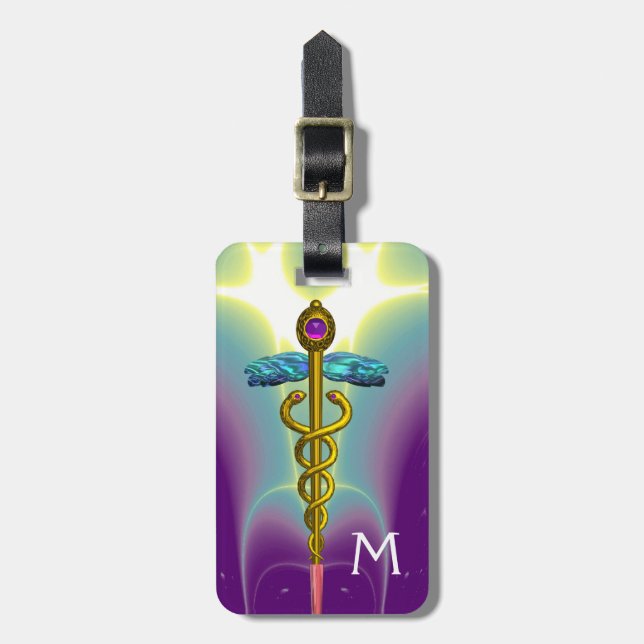 GOLDEN CADUCEUS SYMBOL MONOGRAMM Lila grün Gepäckanhänger (Vorderseite vertikal)