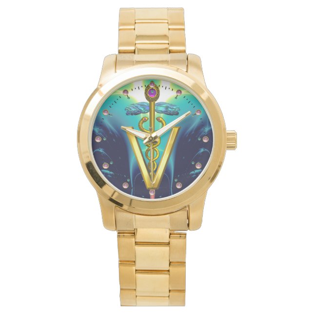 GOLDEN CADUCEUS VETERINÄRSYMBOL / Aqua Blau, Aquam Armbanduhr (Vorderseite)