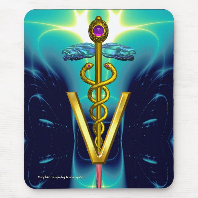 GOLDEN CADUCEUS VETERINÄRSYMBOL / Aqua Blue Aquama Mousepad (Vorne)