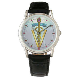 GOLDEN CADUCEUS VETERINÄRSYMBOL / Aqua Blue Armbanduhr