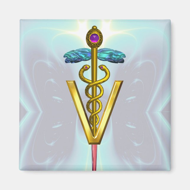 GOLDEN CADUCEUS VETERINÄRSYMBOL Aquamarin Blue Magnet (Vorne)