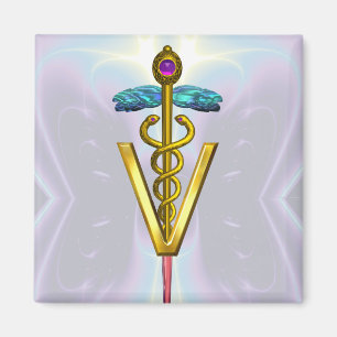 GOLDEN CADUCEUS VETERINÄRSYMBOL Aquamarin Blue Magnet