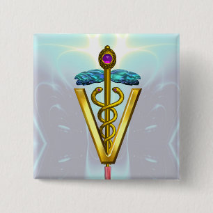GOLDEN CADUCEUS VETERINÄRSYMBOL / Aquamarin weiß Button